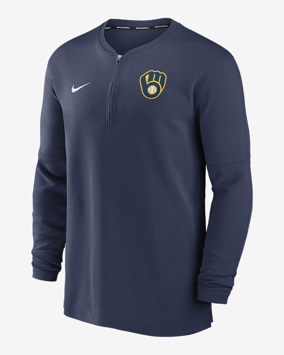 Nike Men s Milwaukee Brewers Authentic Collection Game Time Performance Quarter Zip Top Blue Long Sleeve T shirts